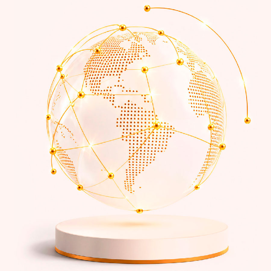 Globo digital dourado representando conexão, tecnologia e rastreabilidade